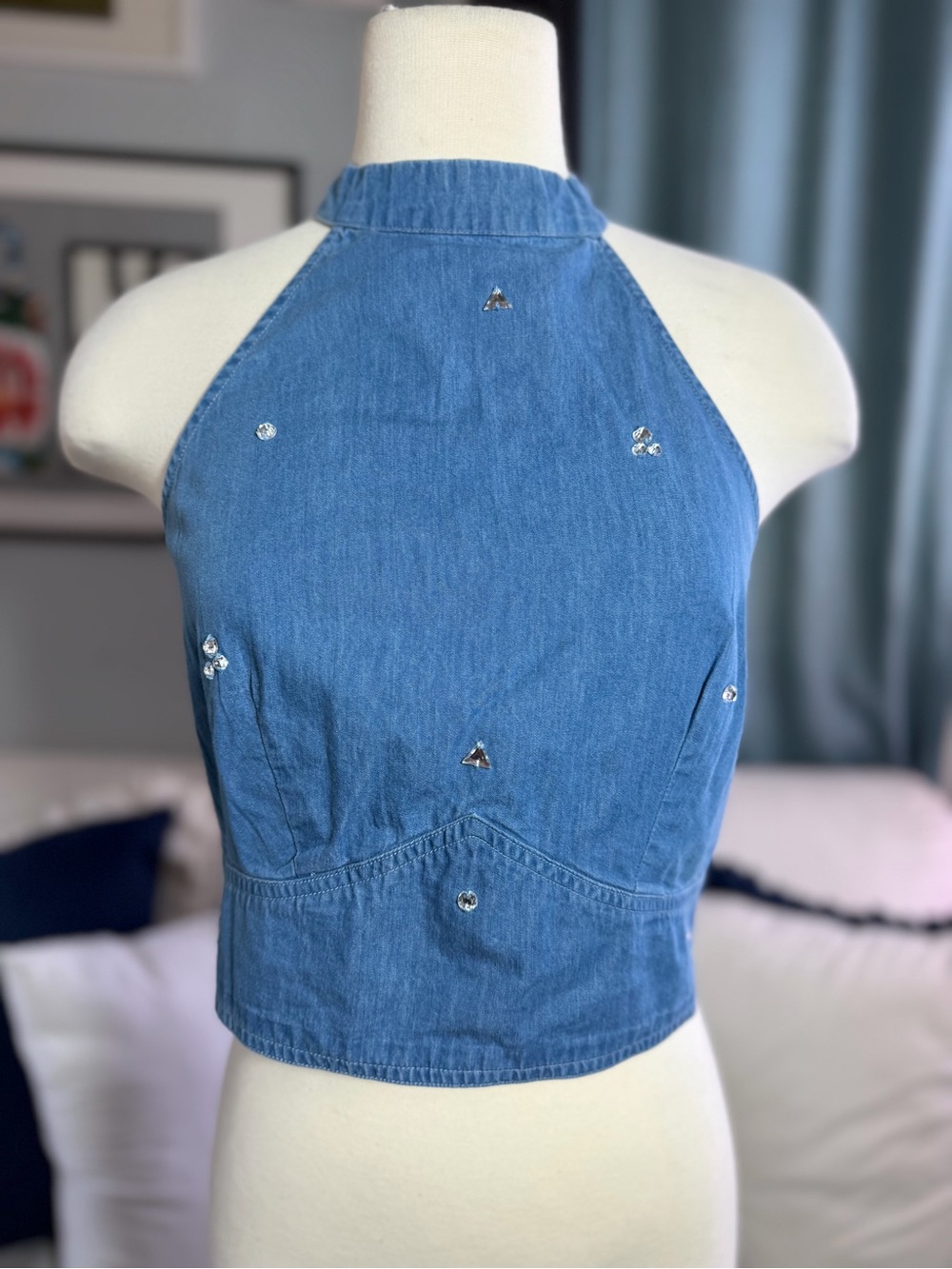 Denim Halter Crop Top with Gem Accents - Blue